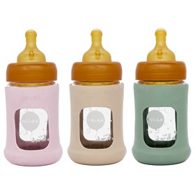 Glazen Babyfles Brede Hals met Natuurrubber Speen en Hoes Plasticvrij 150 ml Hevea