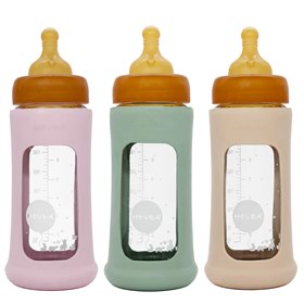 Glazen Babyfles Brede Hals met Natuurrubber Speen en Hoes Plasticvrij 250 ml Hevea